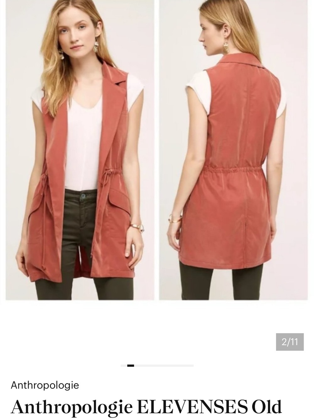 Anthropologie ELEVENSES Old Town Utility Vest Long Open Front Tie Waist Sz M